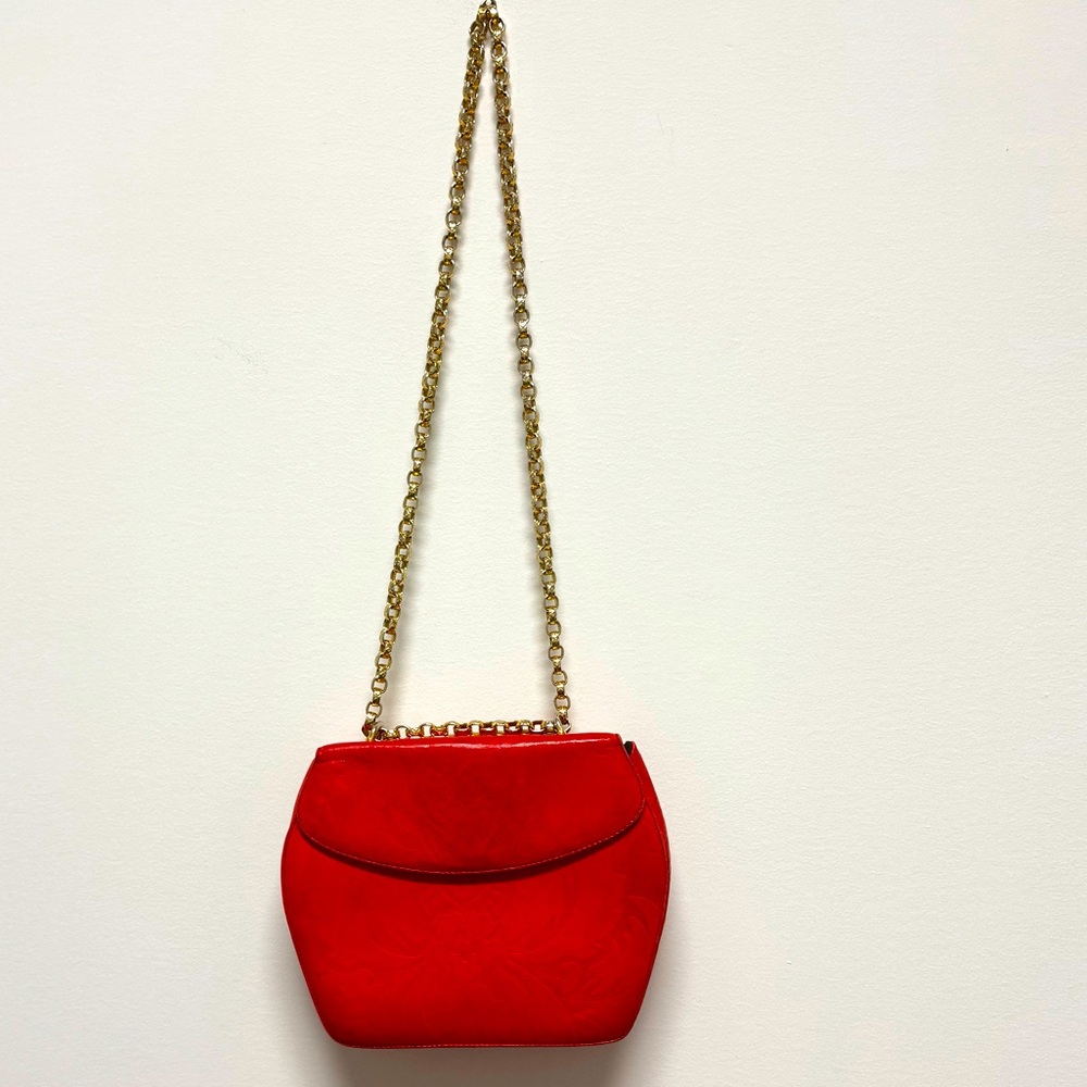 Luc Benoit Vintage Embossed Red‎ Leather Frame Bag with Convertible Gold Chain